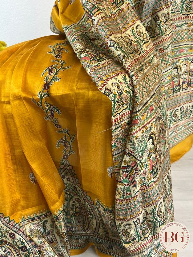 Silk Madhubani Printed saree color - mustard