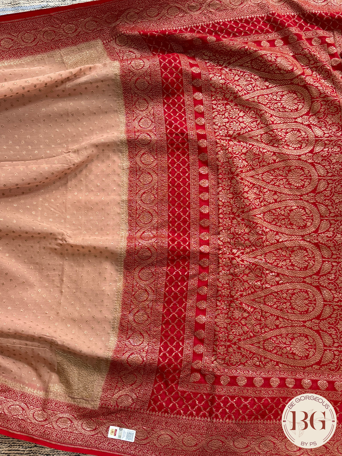 Banarasi Handwoven Khaddi Georgette Saree with Golden & Antique Zari allover and silkmark certificate - Peach