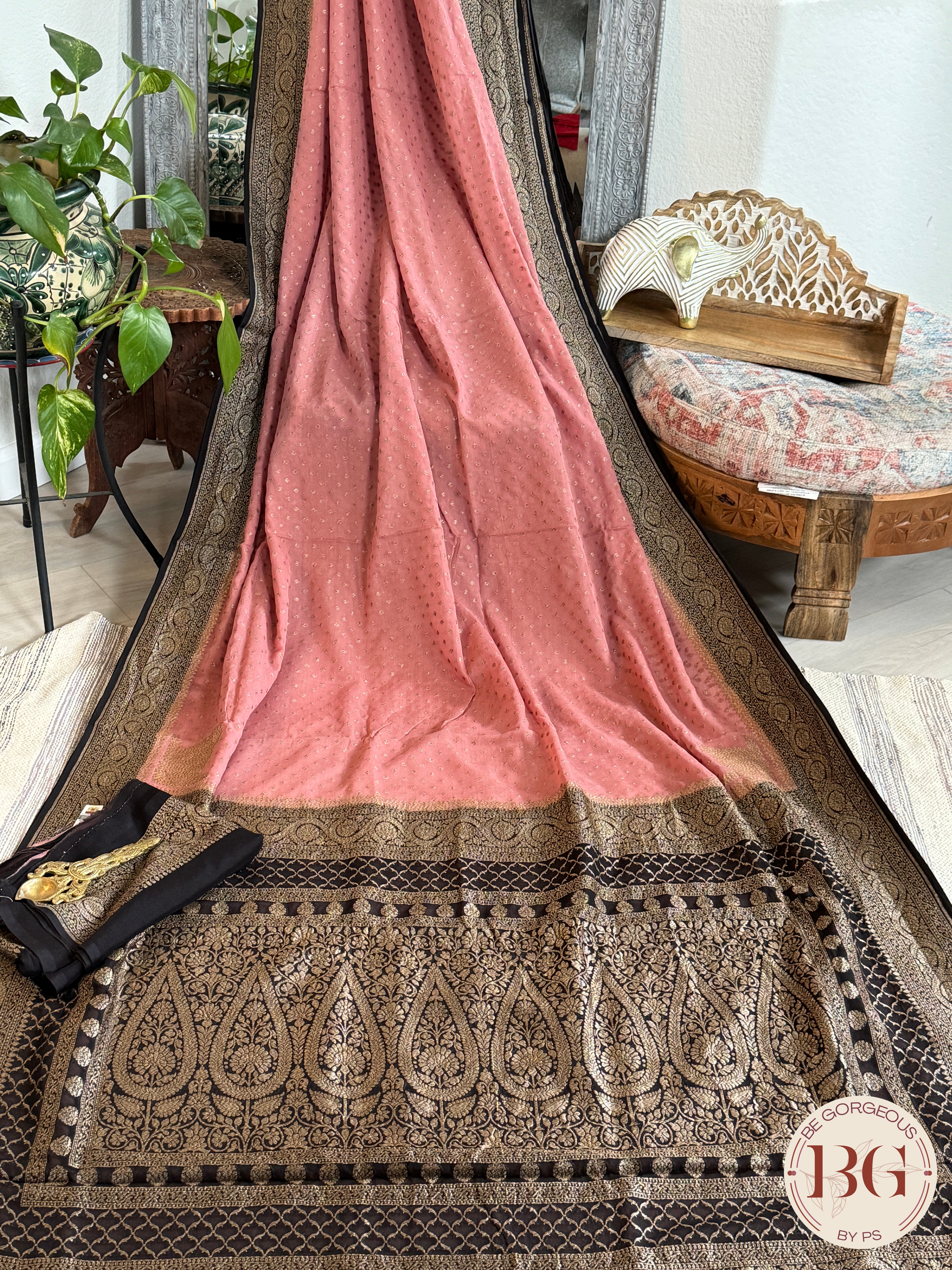 Banarasi Handwoven Khaddi Georgette Saree with Golden & Antique Zari allover and silkmark certificate - Pink