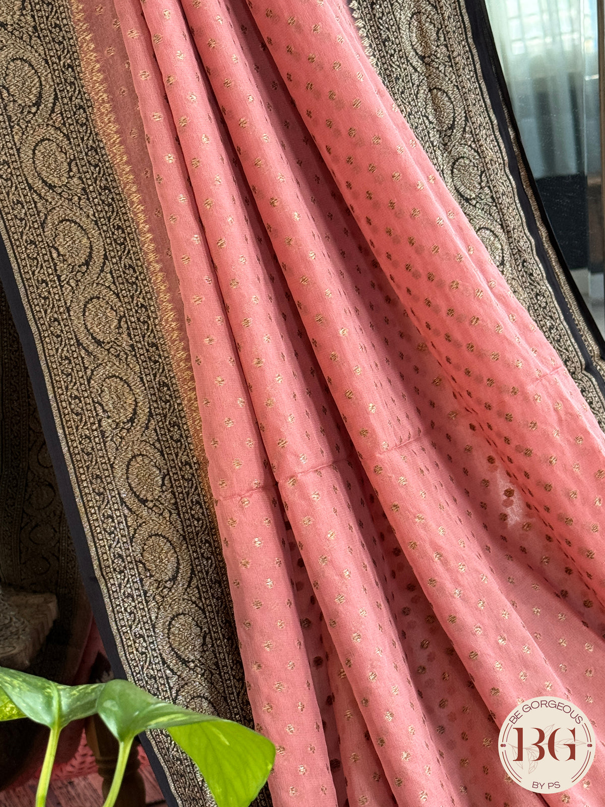Banarasi Handwoven Khaddi Georgette Saree with Golden & Antique Zari allover and silkmark certificate - Pink