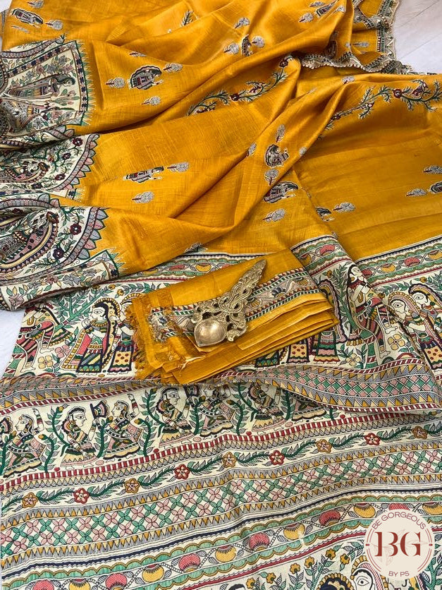 Silk Madhubani Printed saree color - mustard