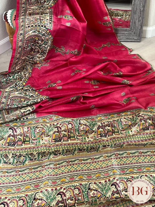 Silk Madhubani Printed saree color - pink