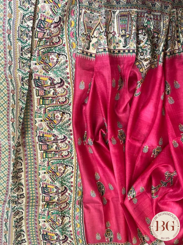 Silk Madhubani Printed saree color - pink