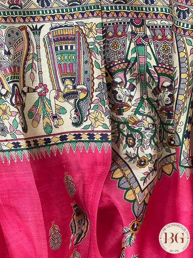 Silk Madhubani Printed saree color - pink