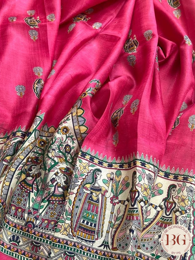 Silk Madhubani Printed saree color - pink