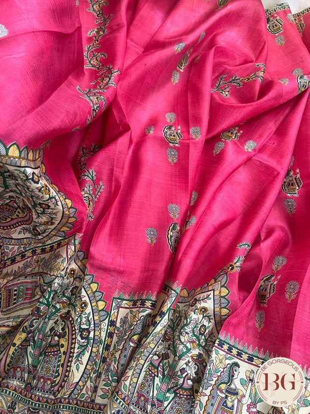 Silk Madhubani Printed saree color - pink