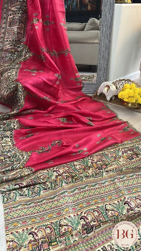 Silk Madhubani Printed saree color - pink