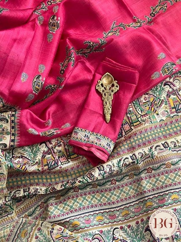 Silk Madhubani Printed saree color - pink