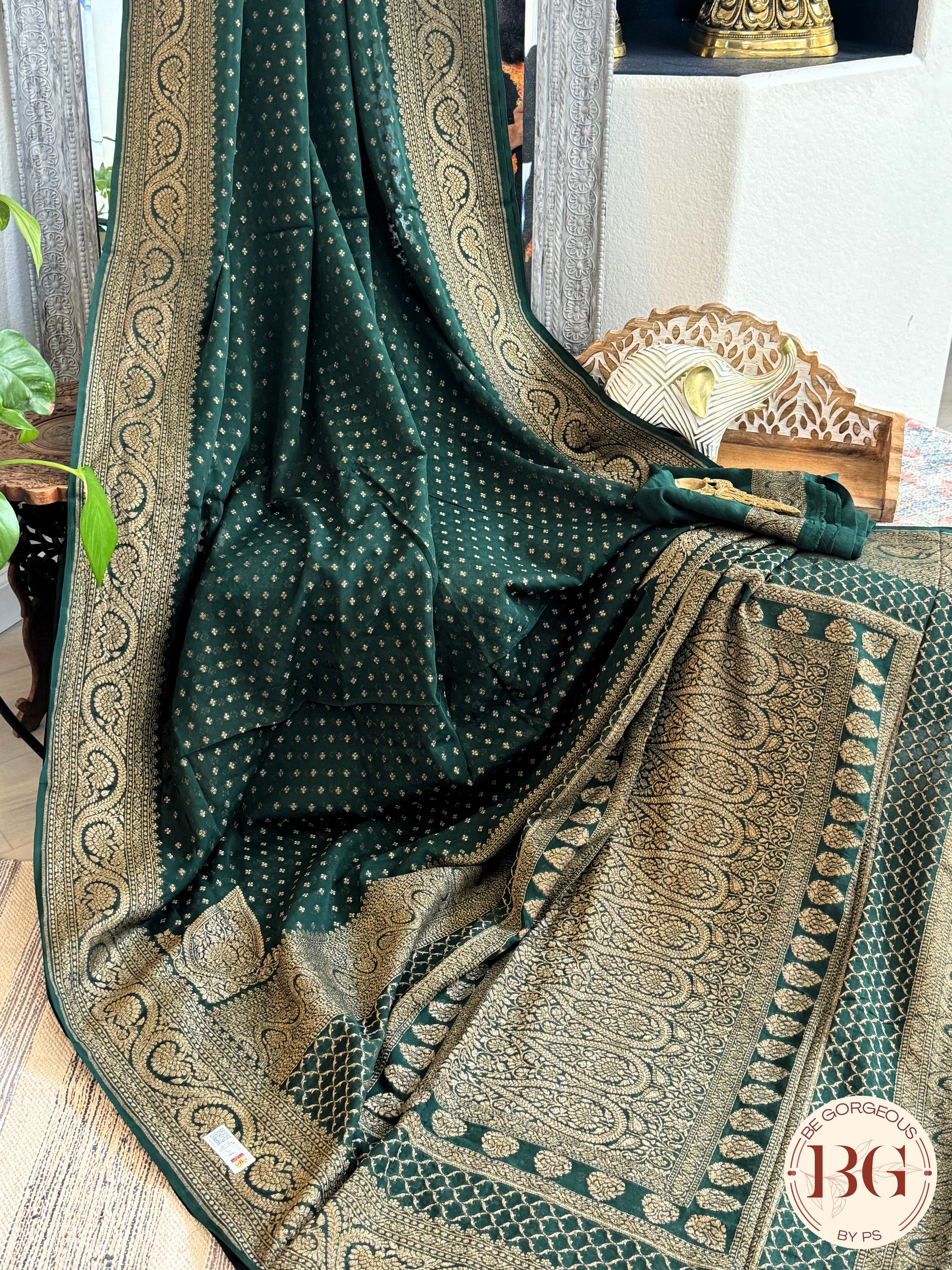 Banarasi Handwoven Khaddi Georgette Saree with Golden & Antique Zari allover and silkmark certificate - Green