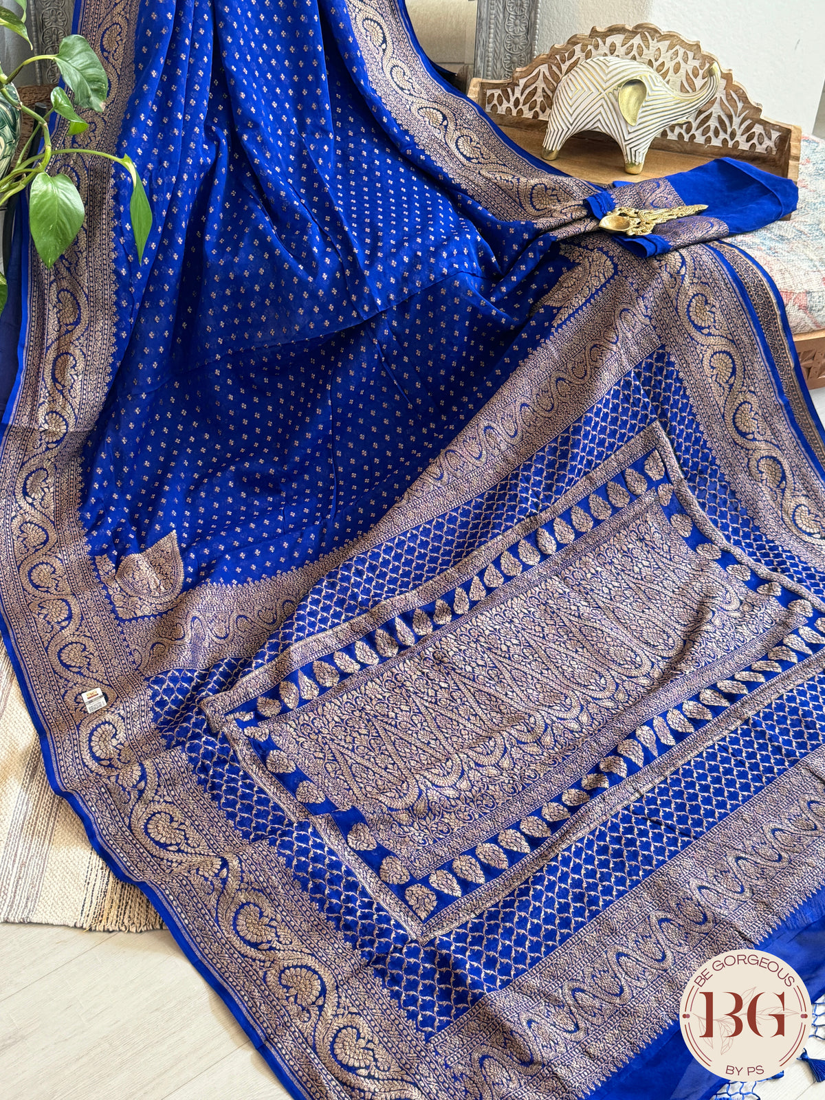 Banarasi Handwoven Khaddi Georgette Saree with Golden & Antique Zari allover and silkmark certificate - Blue