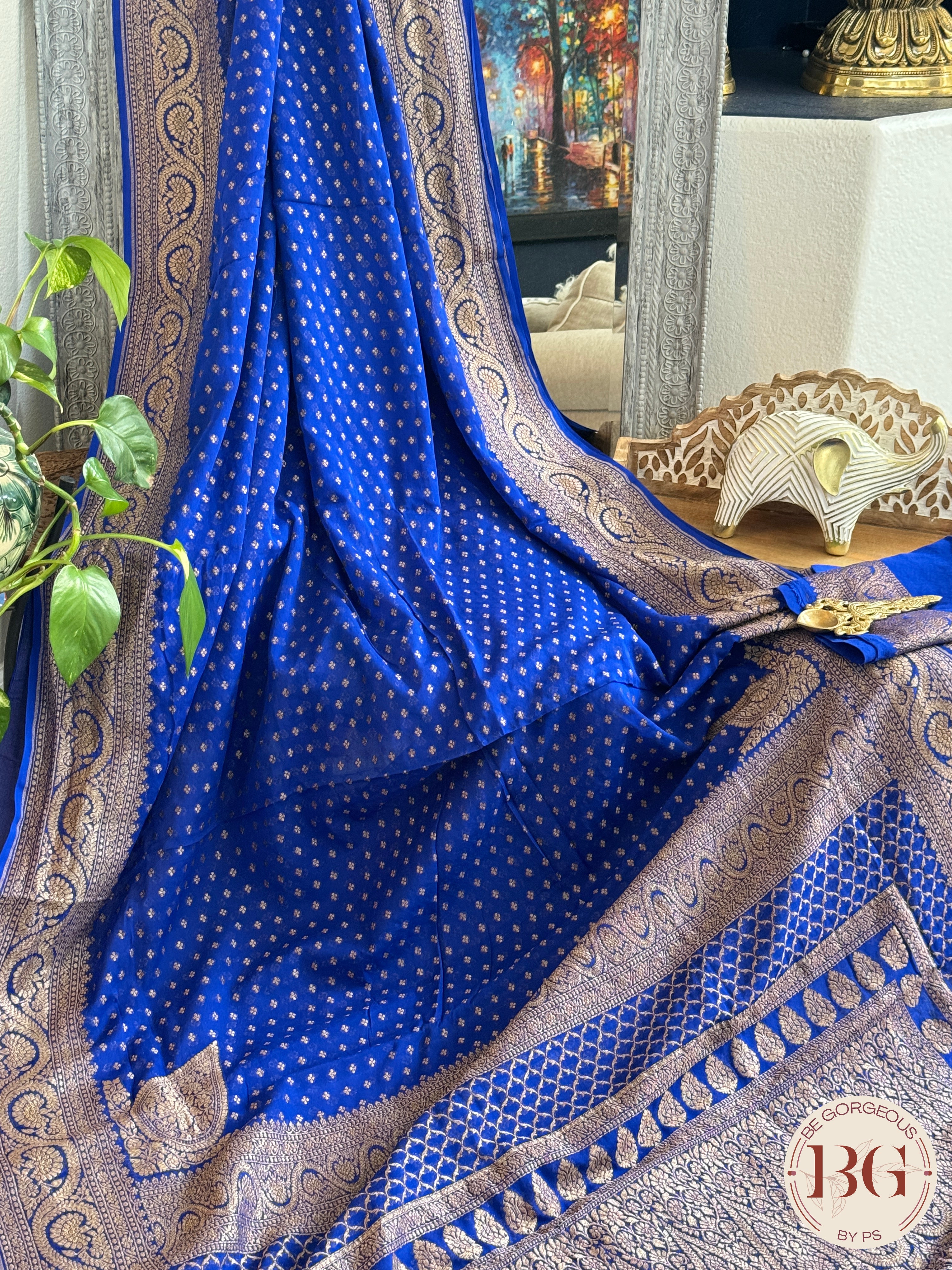 Banarasi Handwoven Khaddi Georgette Saree with Golden & Antique Zari allover and silkmark certificate - Blue