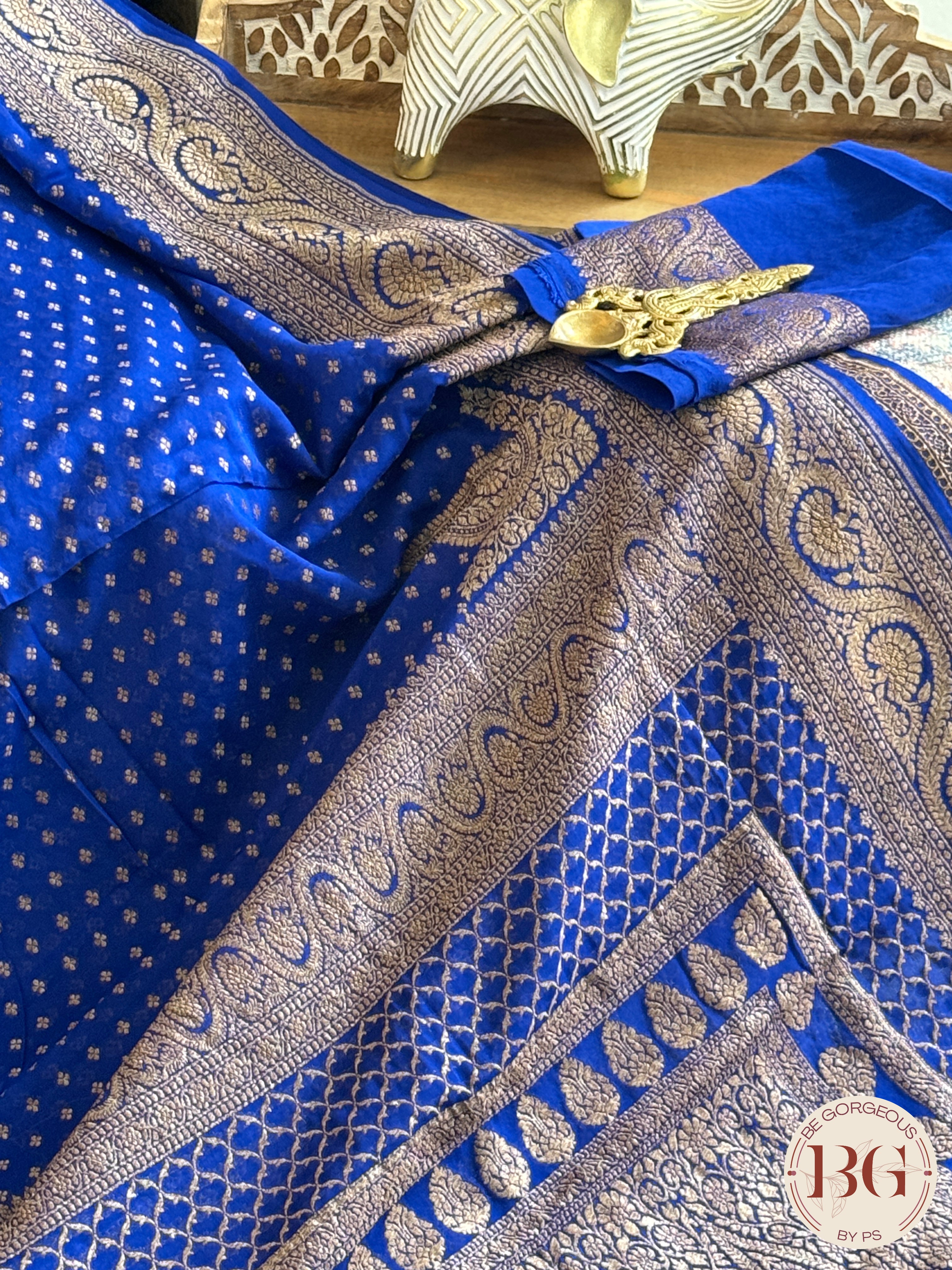 Banarasi Handwoven Khaddi Georgette Saree with Golden & Antique Zari allover and silkmark certificate - Blue