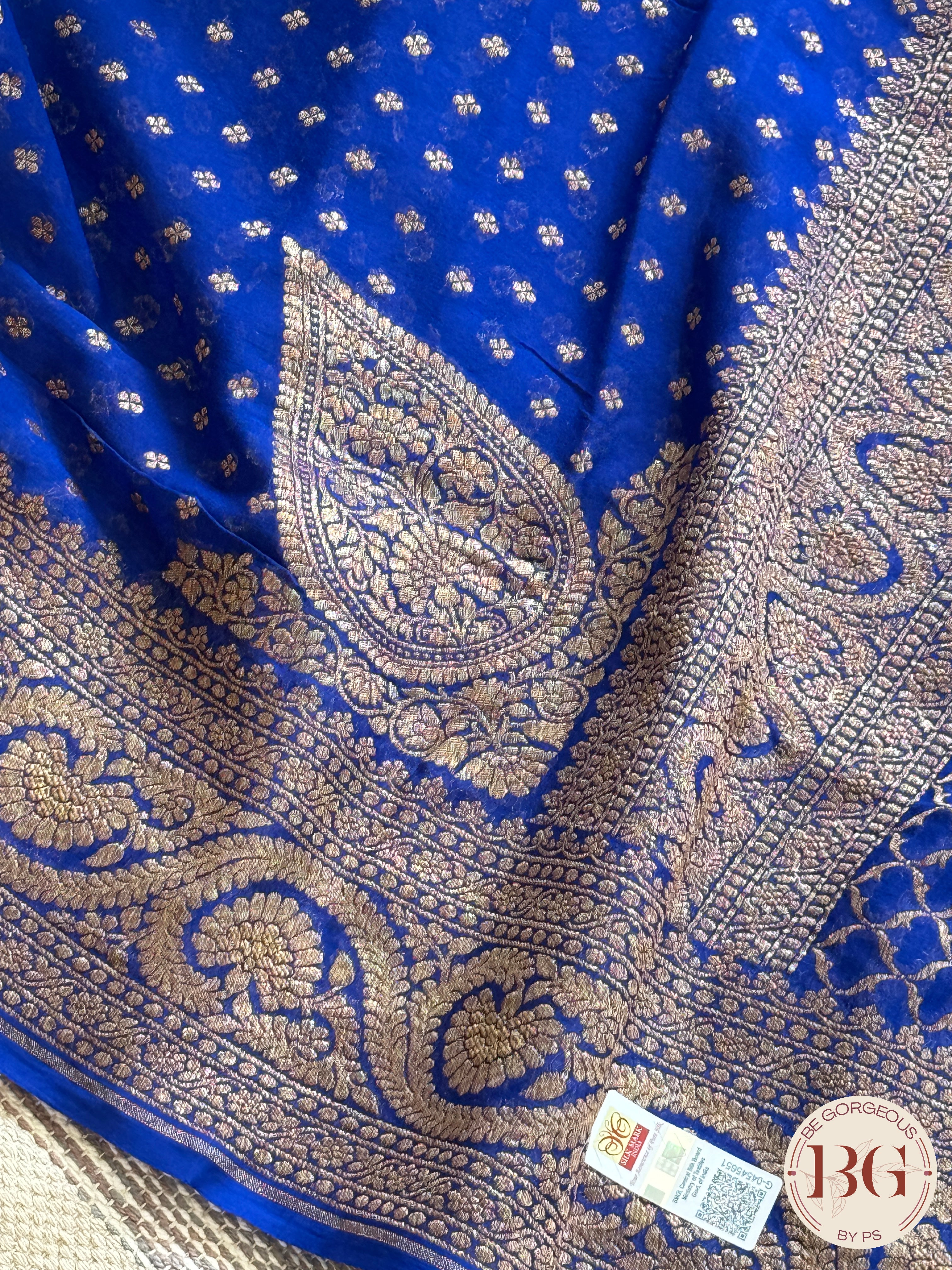 Banarasi Handwoven Khaddi Georgette Saree with Golden & Antique Zari allover and silkmark certificate - Blue