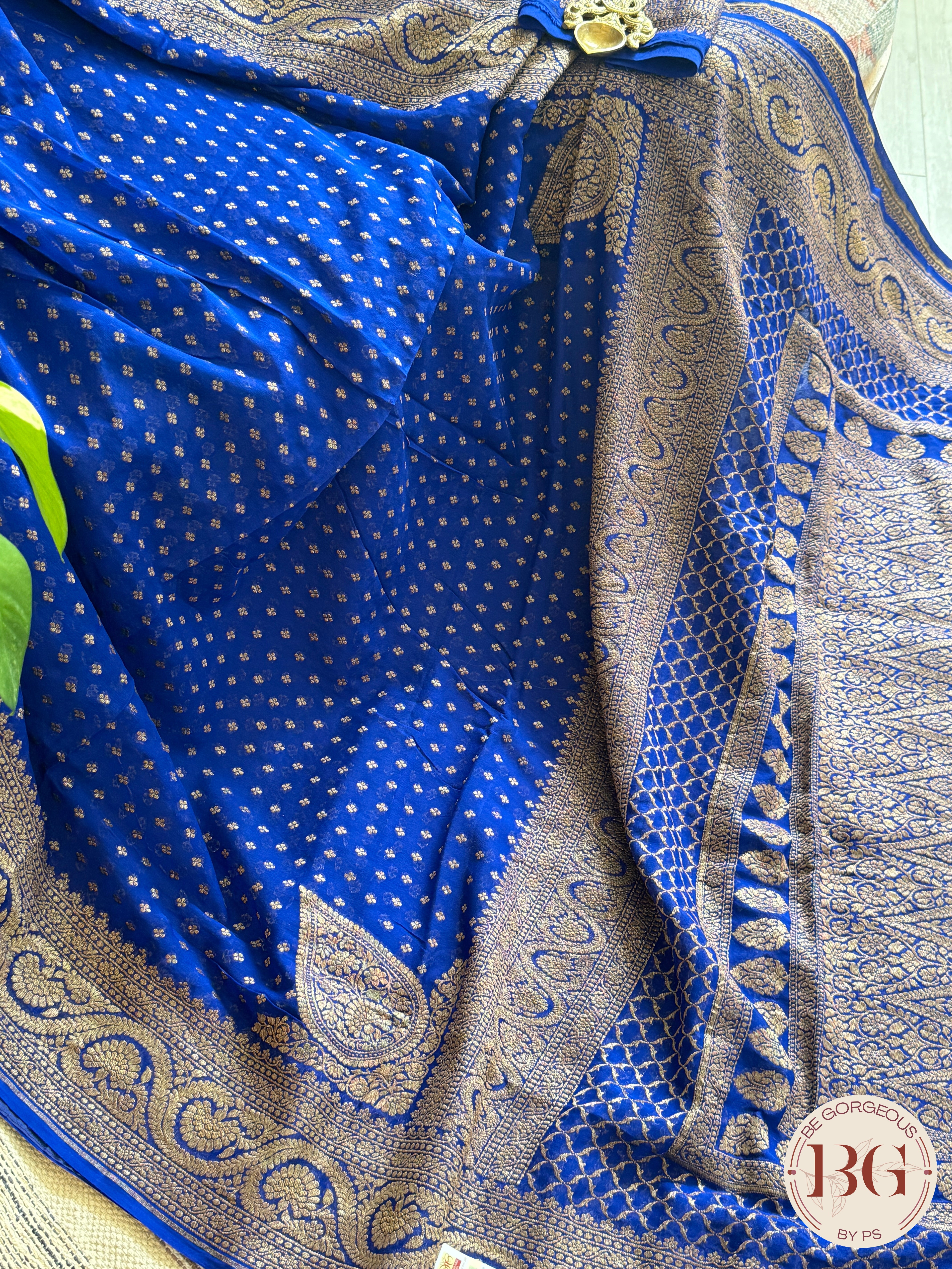 Banarasi Handwoven Khaddi Georgette Saree with Golden & Antique Zari allover and silkmark certificate - Blue