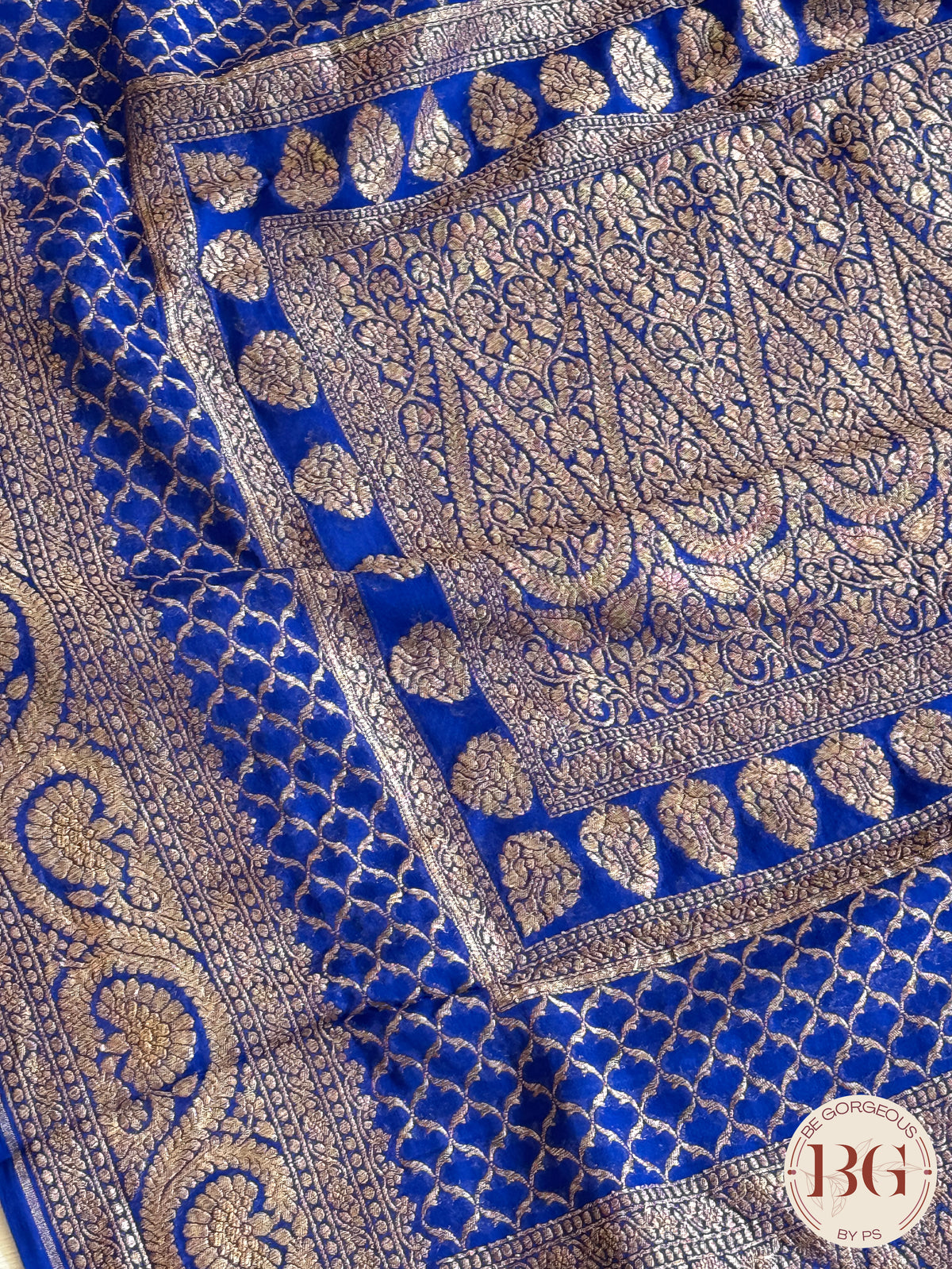 Banarasi Handwoven Khaddi Georgette Saree with Golden & Antique Zari allover and silkmark certificate - Blue