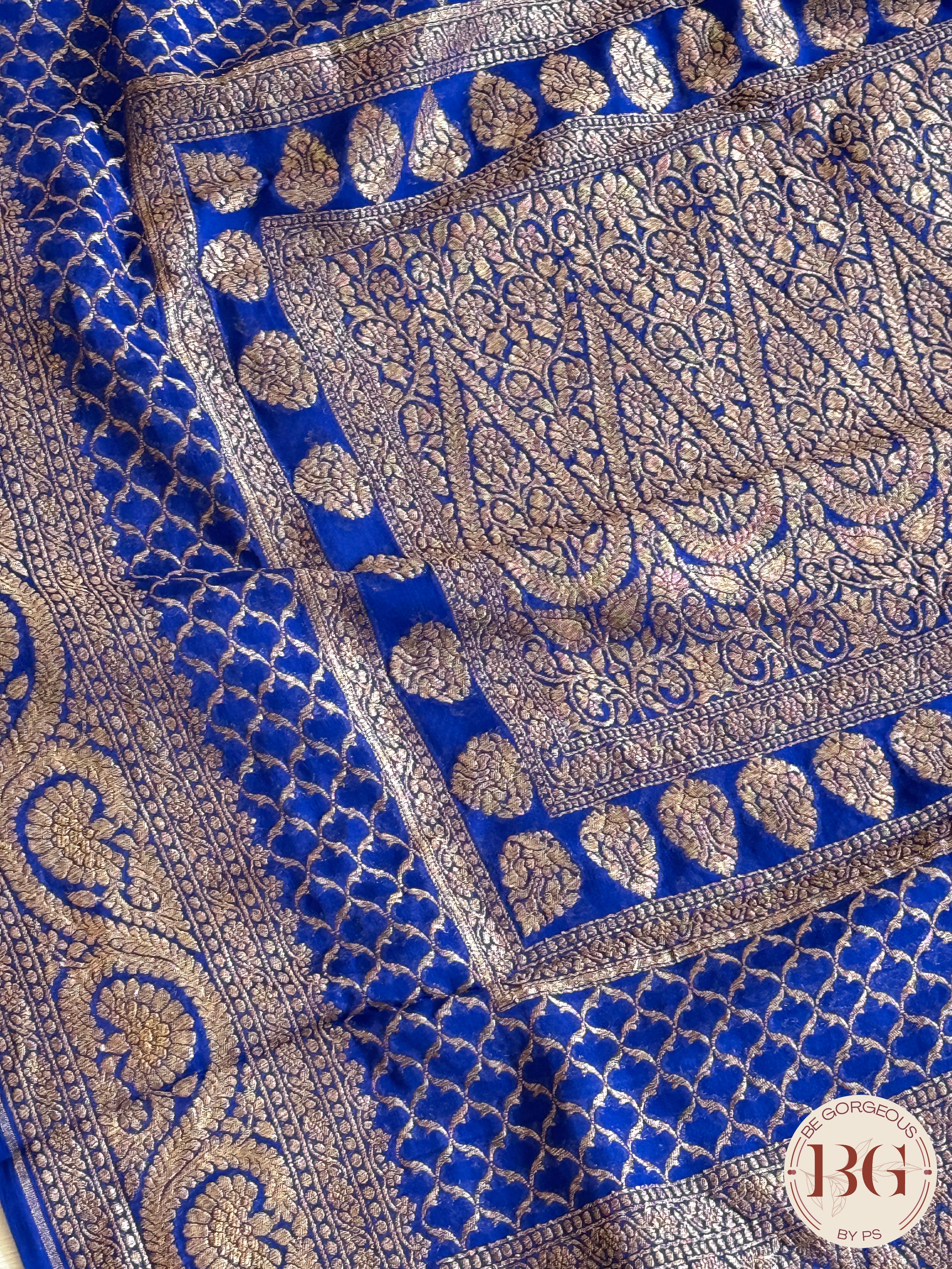 Banarasi Handwoven Khaddi Georgette Saree with Golden & Antique Zari allover and silkmark certificate - Blue