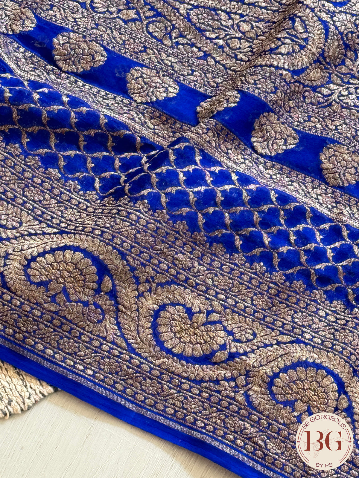 Banarasi Handwoven Khaddi Georgette Saree with Golden & Antique Zari allover and silkmark certificate - Blue