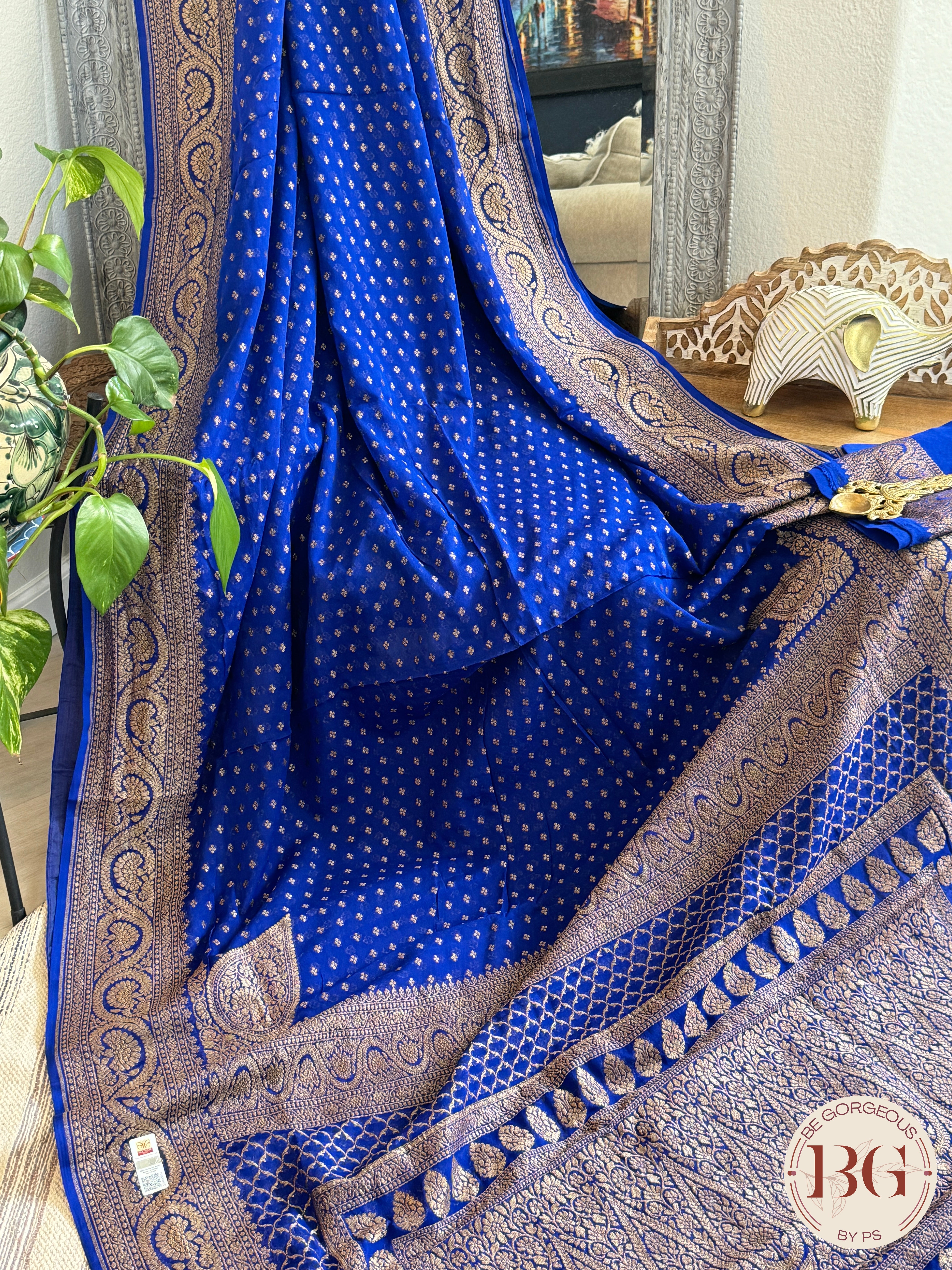 Banarasi Handwoven Khaddi Georgette Saree with Golden & Antique Zari allover and silkmark certificate - Blue