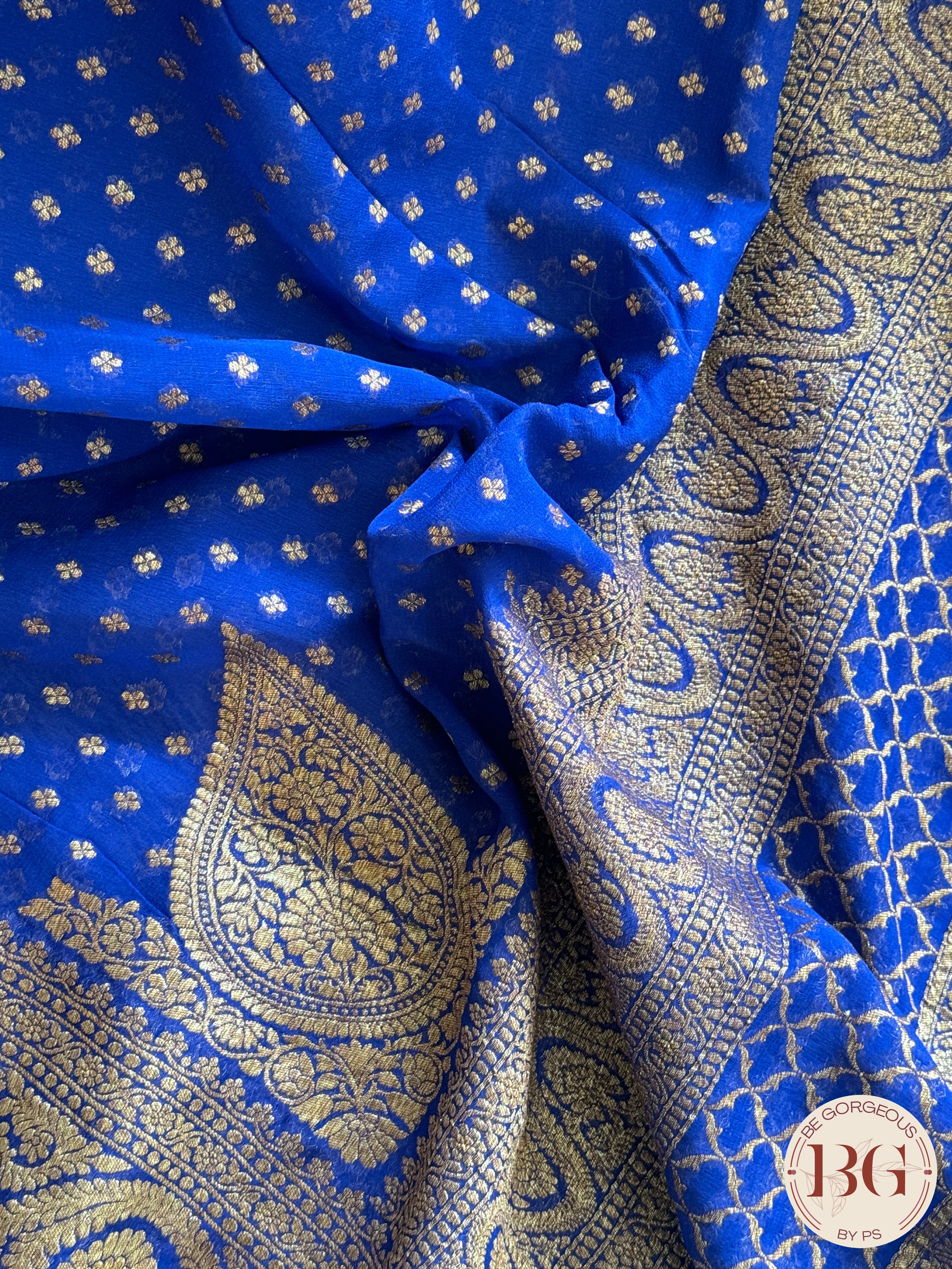 Banarasi Handwoven Khaddi Georgette Saree with Golden & Antique Zari allover and silkmark certificate - Blue