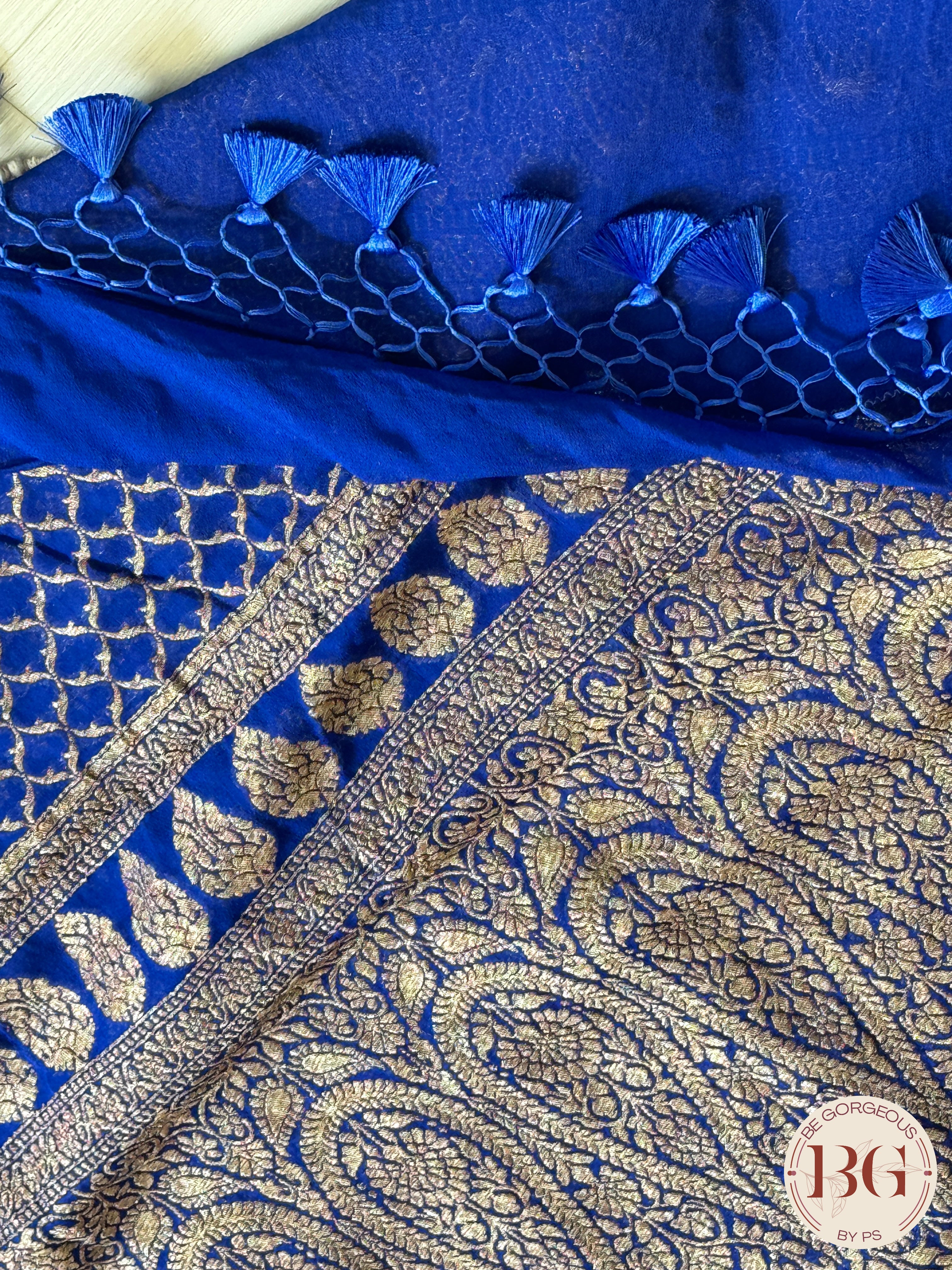 Banarasi Handwoven Khaddi Georgette Saree with Golden & Antique Zari allover and silkmark certificate - Blue