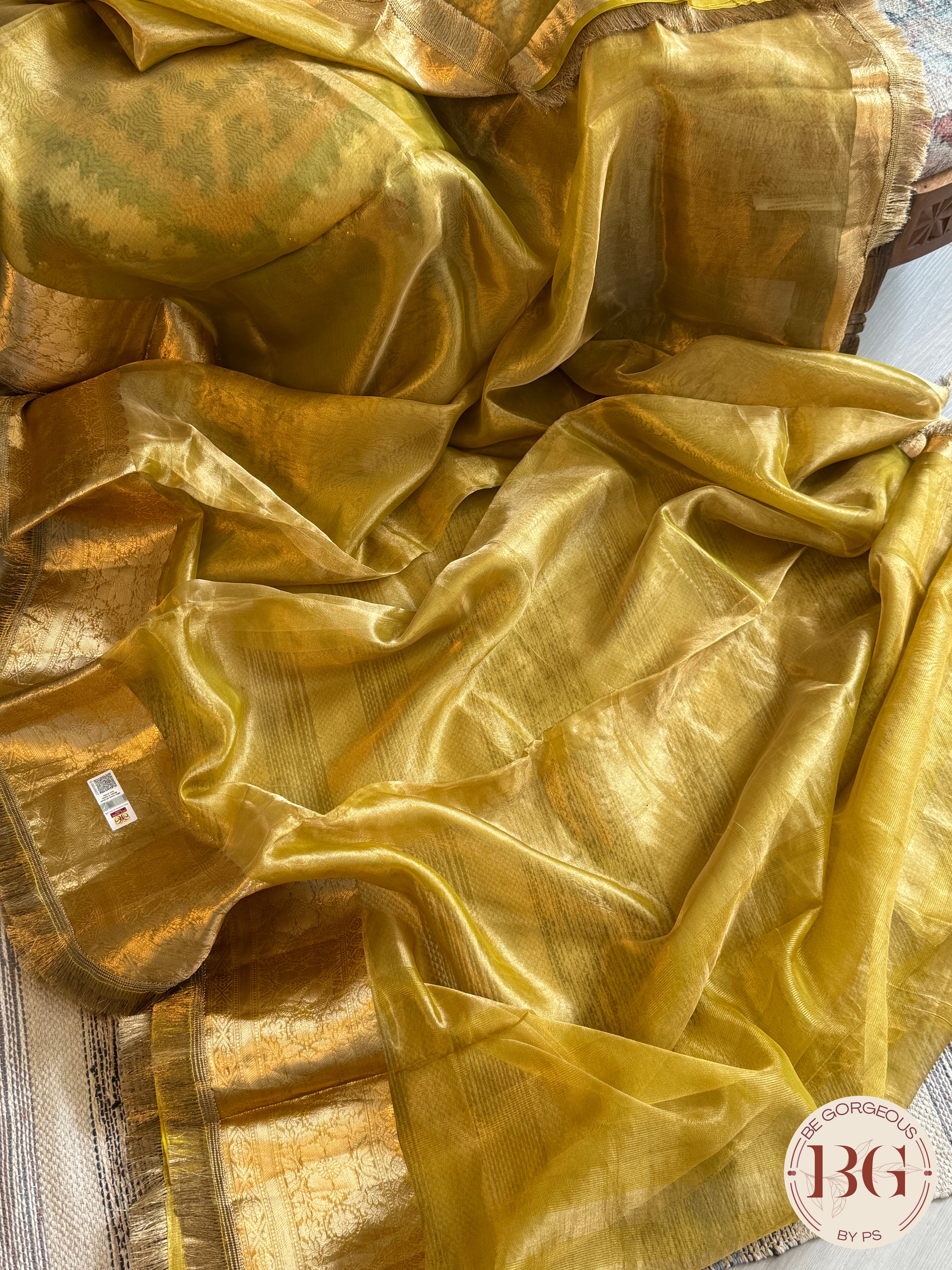 Banarasi Tissue silk saree with lace and silkmark certified - yellowish green