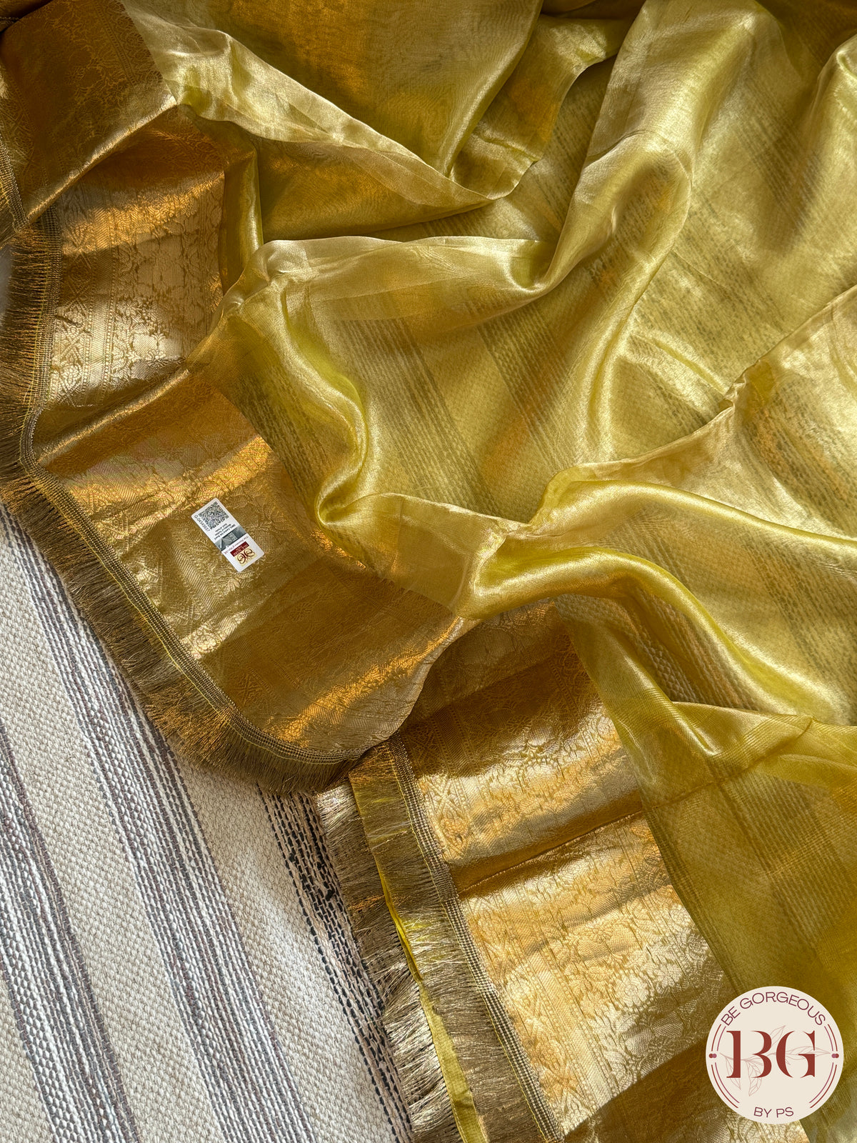 Banarasi Tissue silk saree with lace and silkmark certified - yellowish green