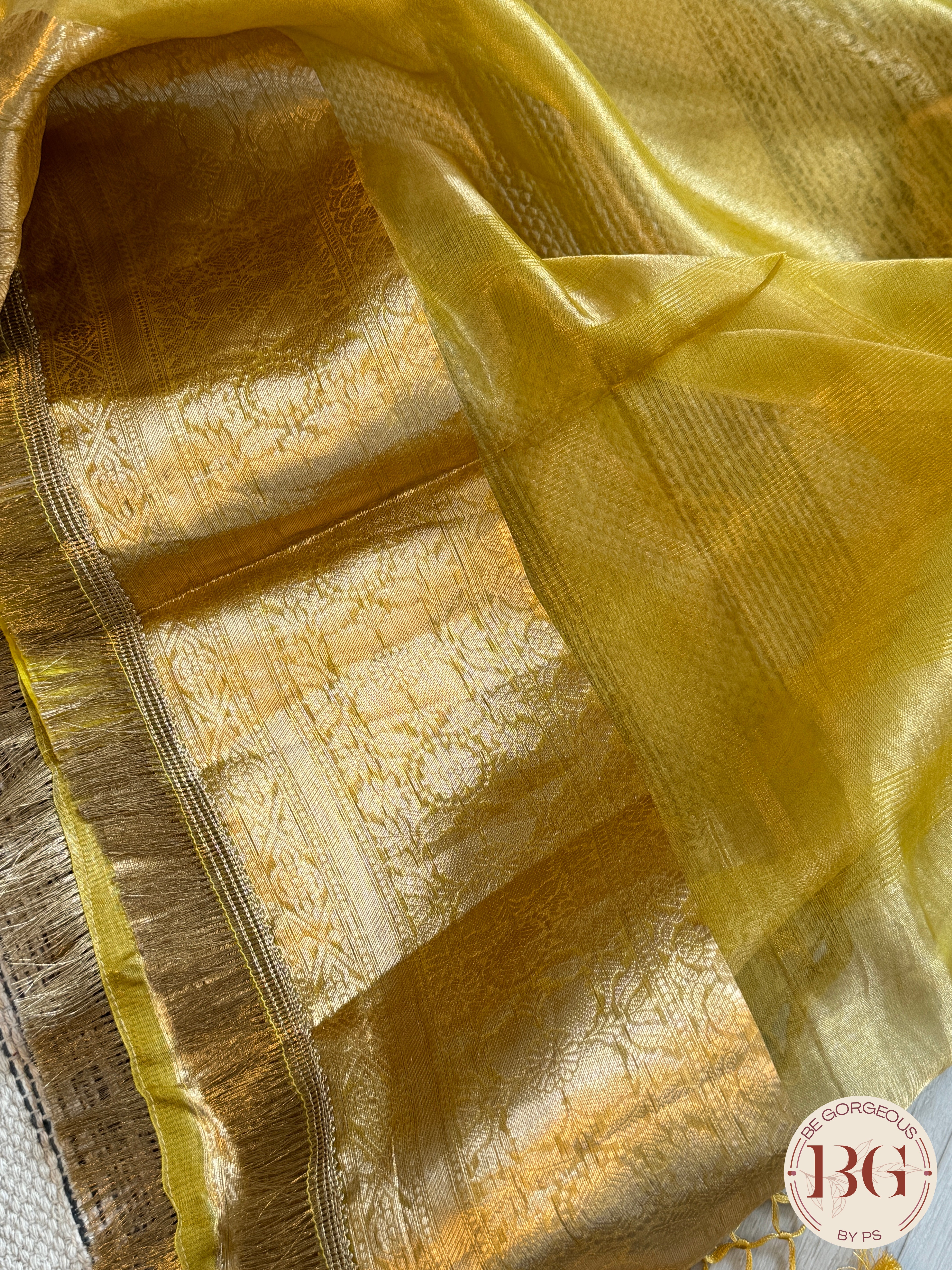 Banarasi Tissue silk saree with lace and silkmark certified - yellowish green