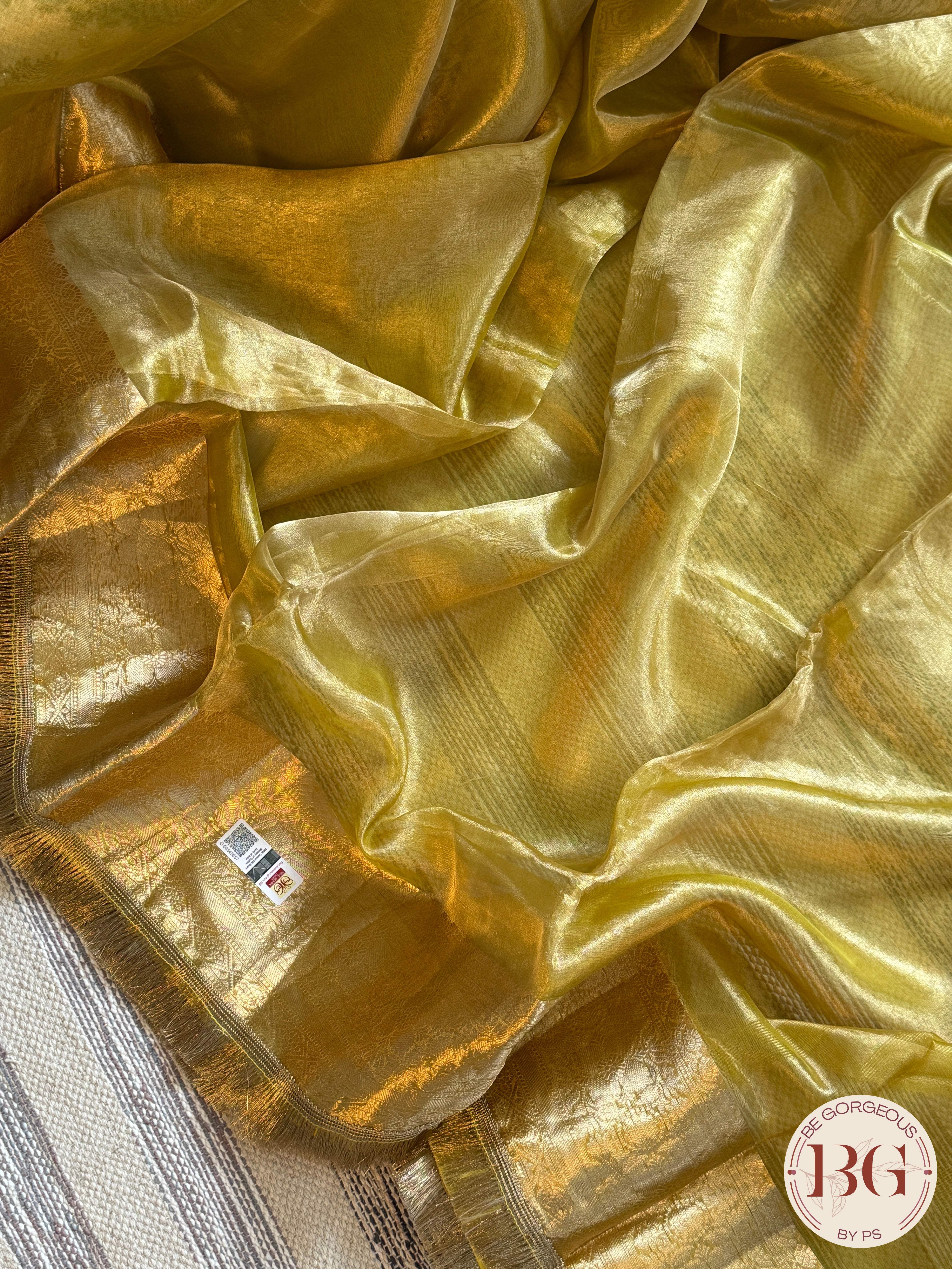 Banarasi Tissue silk saree with lace and silkmark certified - yellowish green