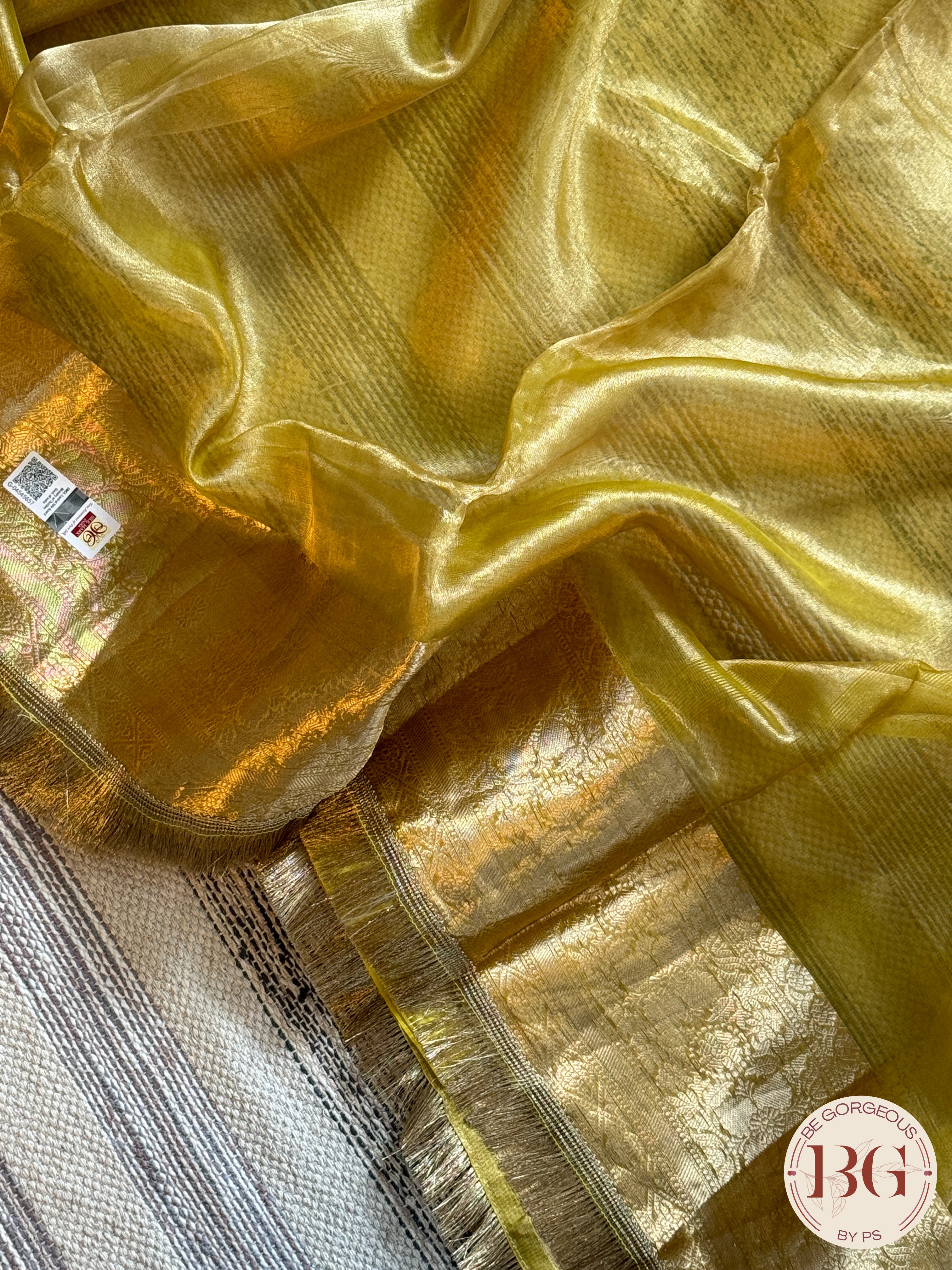 Banarasi Tissue silk saree with lace and silkmark certified - yellowish green