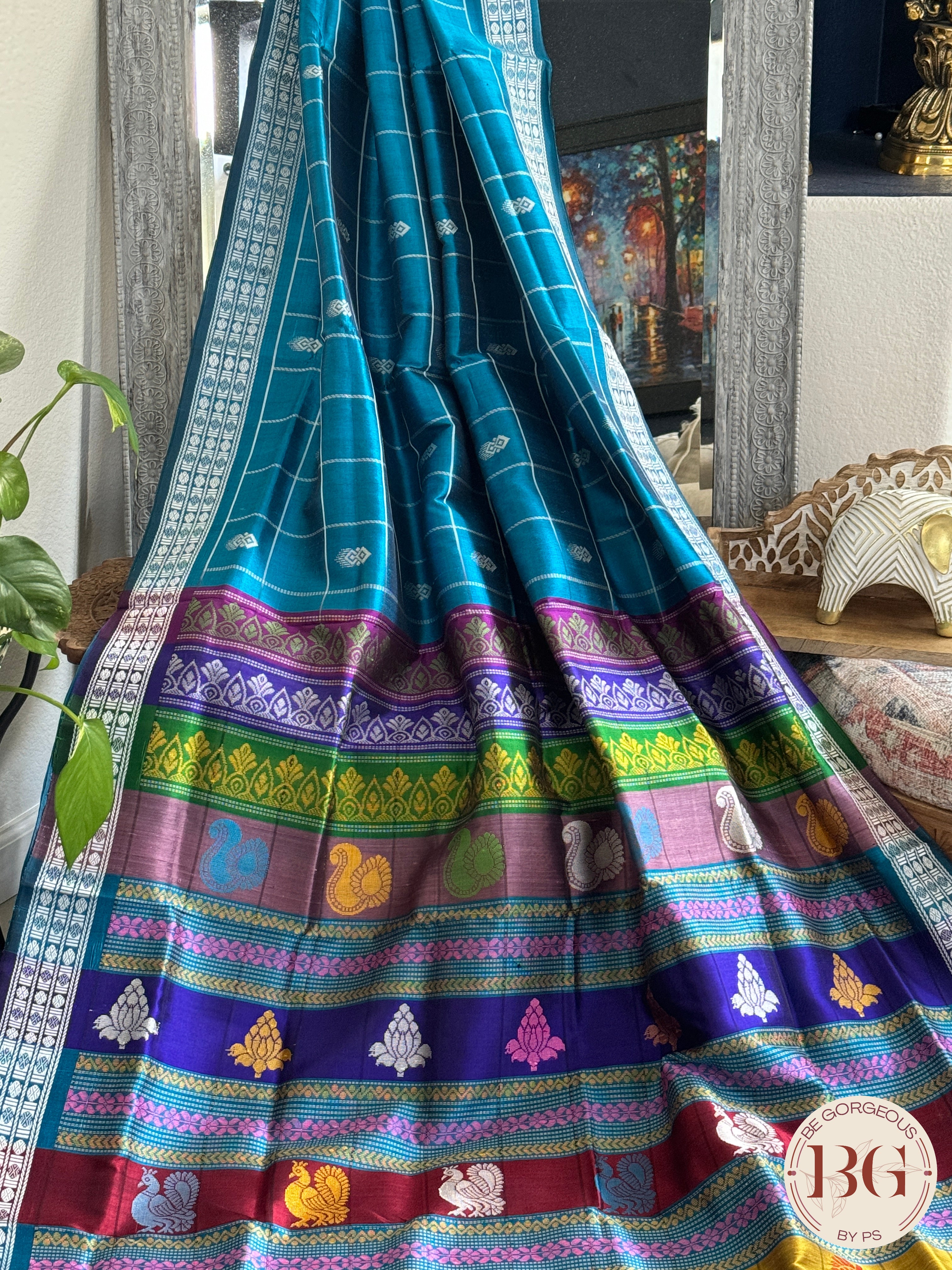 Berhampuri Double pallu checker body pure silk handloom saree - Blue