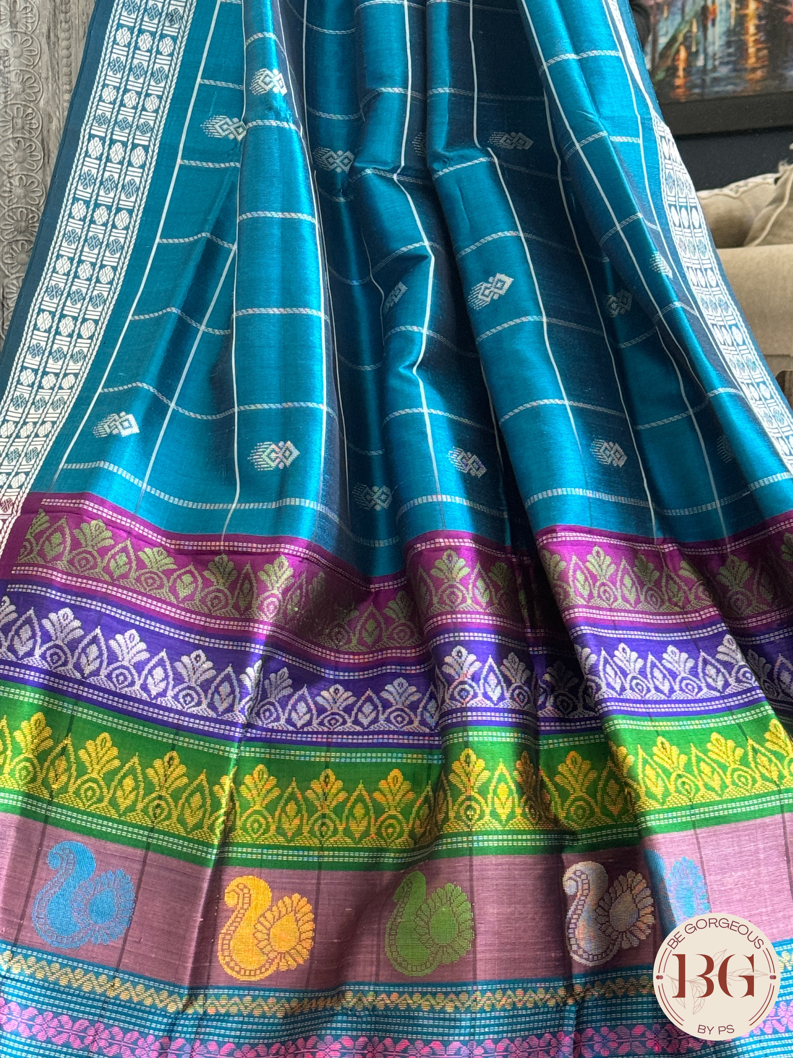 Berhampuri Double pallu checker body pure silk handloom saree - Blue