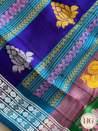 Berhampuri Double pallu checker body pure silk handloom saree - Blue