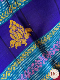 Berhampuri Double pallu checker body pure silk handloom saree - Blue