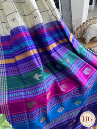 Berhampuri Double pallu checker body pure silk handloom saree - White