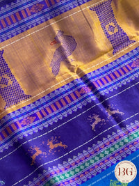 Berhampuri Double pallu checker body pure silk handloom saree - White