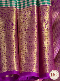 Kanjeevaram pure silk handloom saree checker patter and pure zari - Green