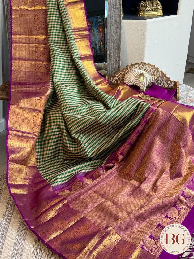 Kanjeevaram pure silk handloom saree checker patter and pure zari - Green