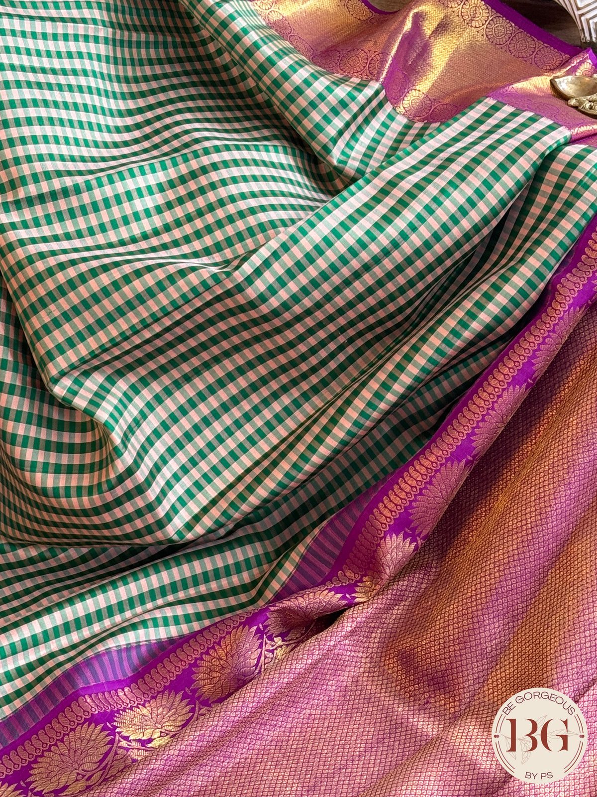 Kanjeevaram pure silk handloom saree checker patter and pure zari - Green