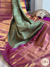 Kanjeevaram pure silk handloom saree checker patter and pure zari - Green