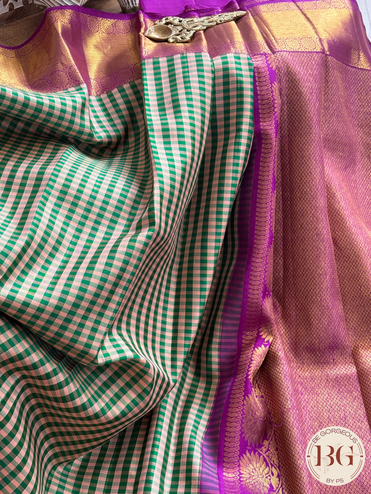 Kanjeevaram pure silk handloom saree checker patter and pure zari - Green