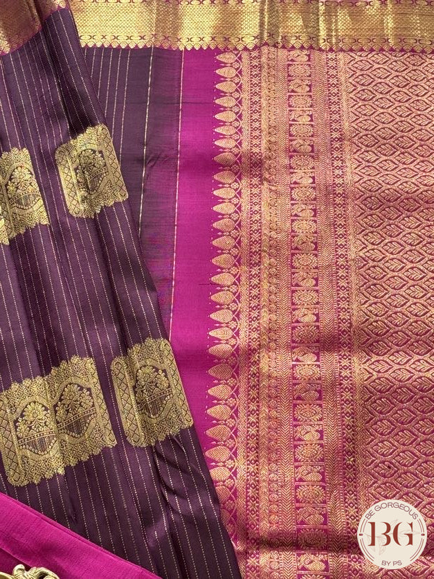 Kanjeevaram pure silk handloom saree with stripes pattern & Aanpakshi motifs - coffee brown
