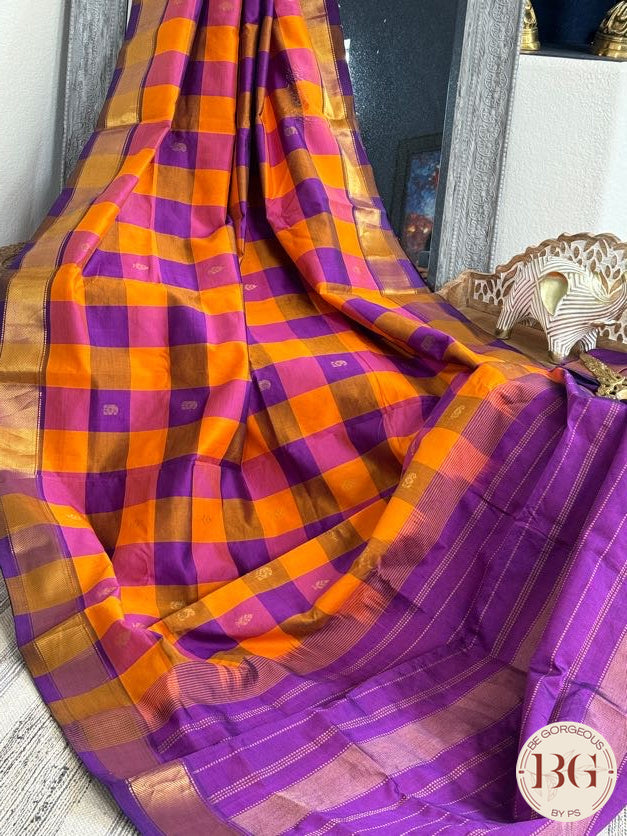 Kanjeevaram silk cotton handloom saree in checker pattern - Purple