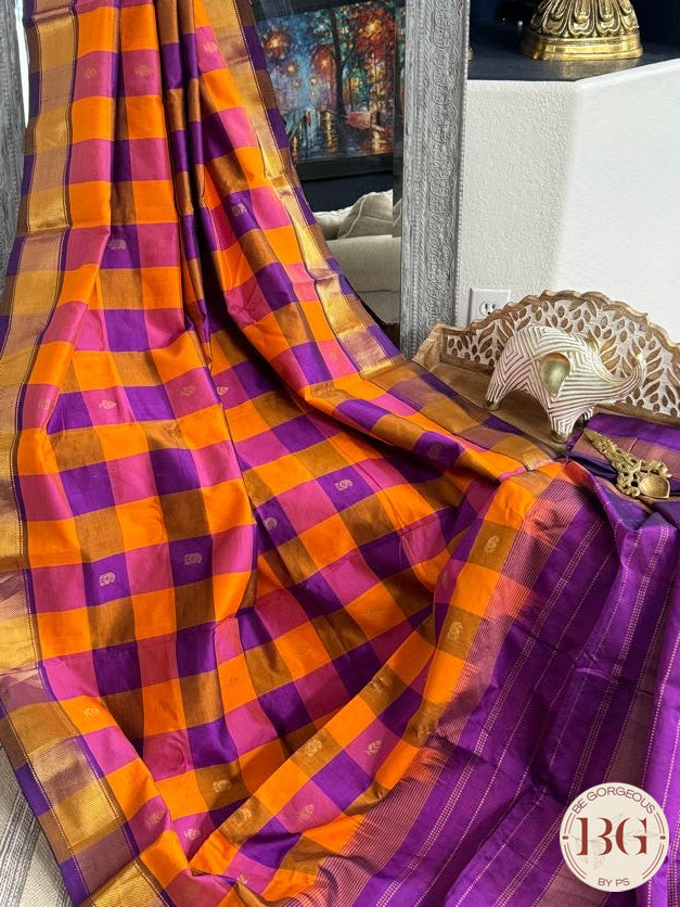Kanjeevaram silk cotton handloom saree in checker pattern - Purple