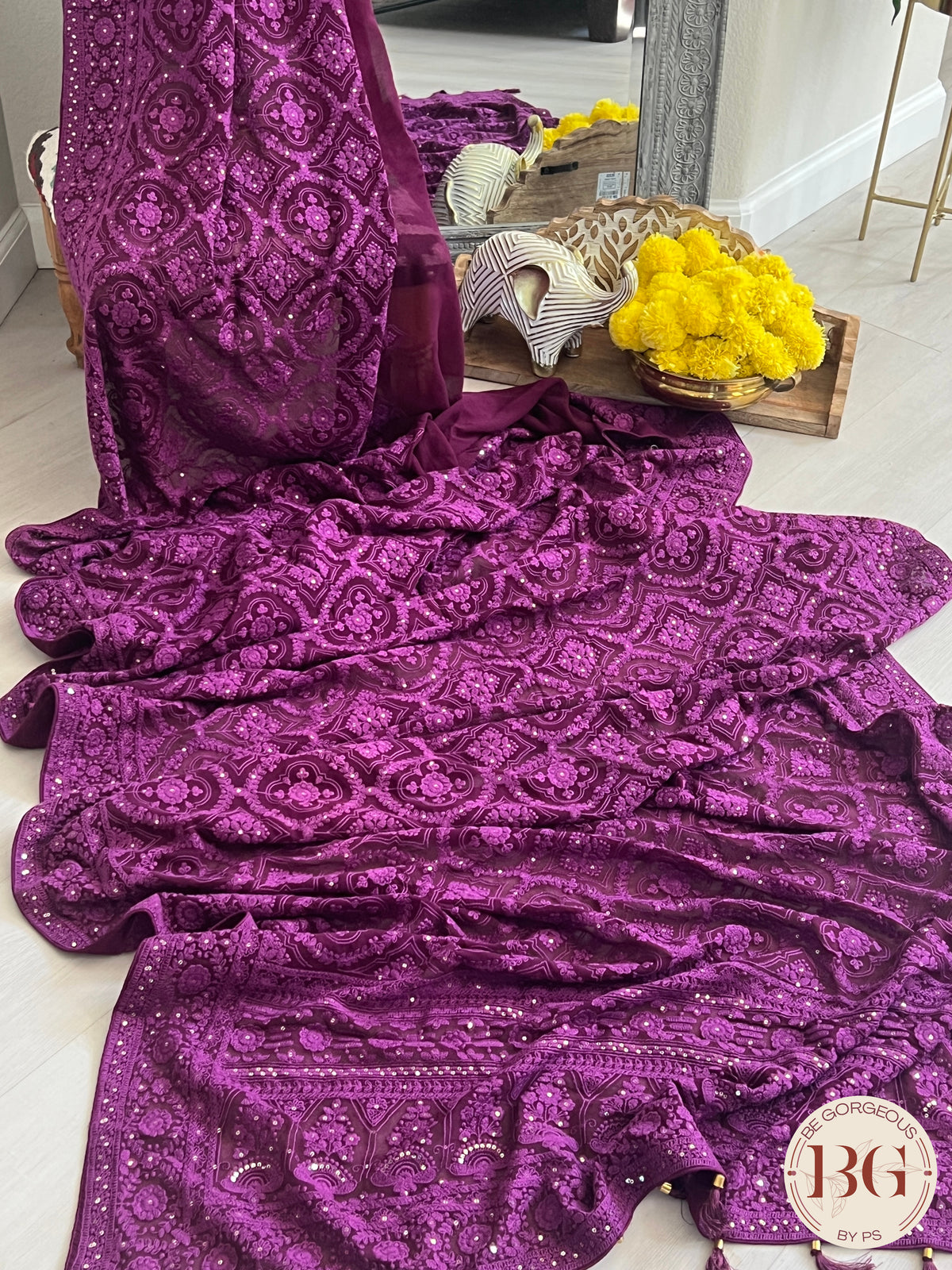 Chikankari on gerogette with sequin - Megenta Purple