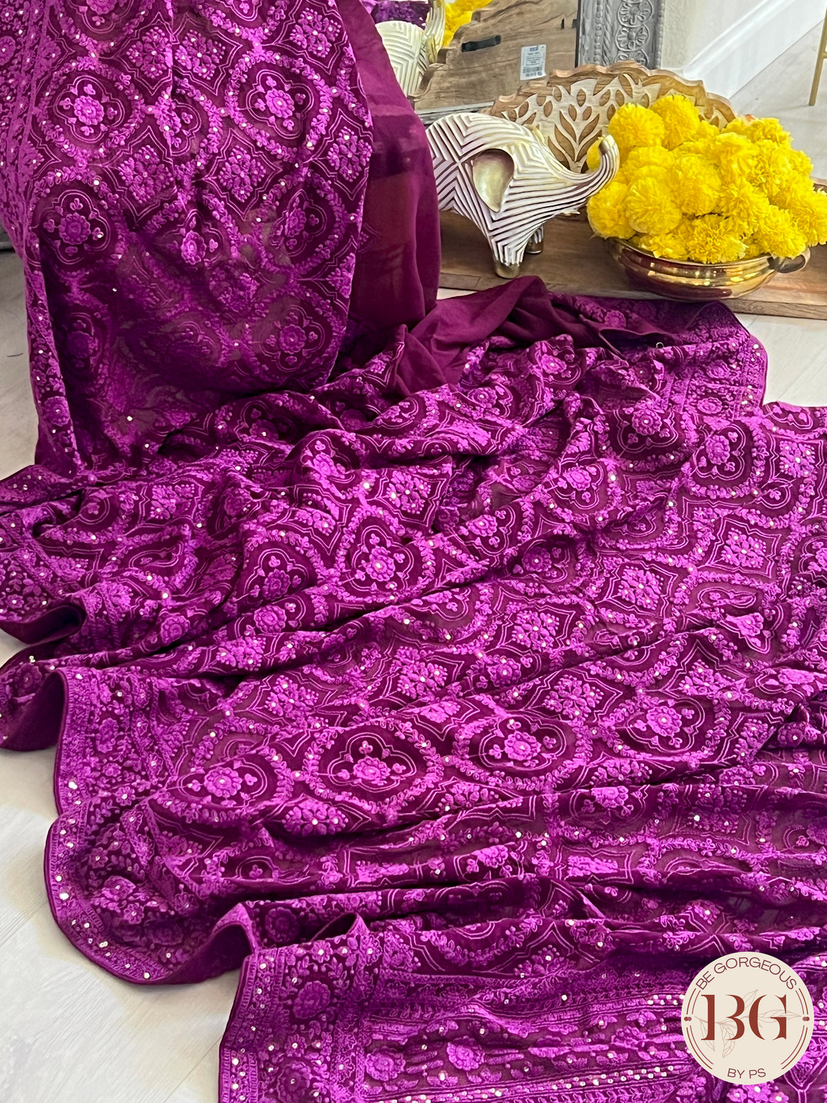Chikankari on gerogette with sequin - Megenta Purple