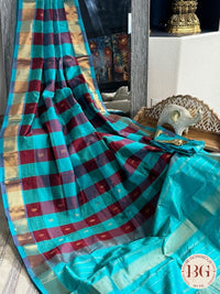 Kanjeevaram silk cotton handloom saree in checker pattern - Sky Blue