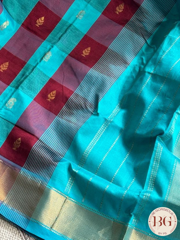 Kanjeevaram silk cotton handloom saree in checker pattern - Sky Blue