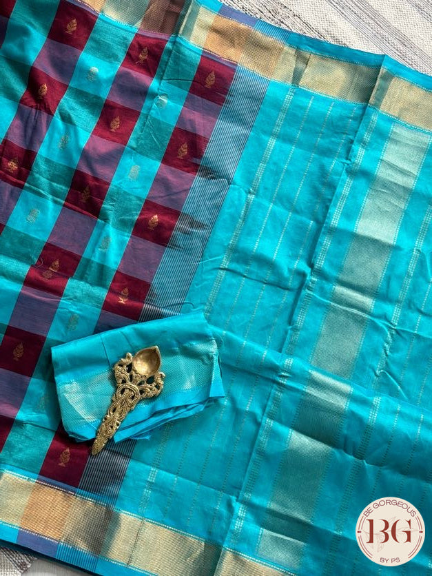 Kanjeevaram silk cotton handloom saree in checker pattern - Sky Blue