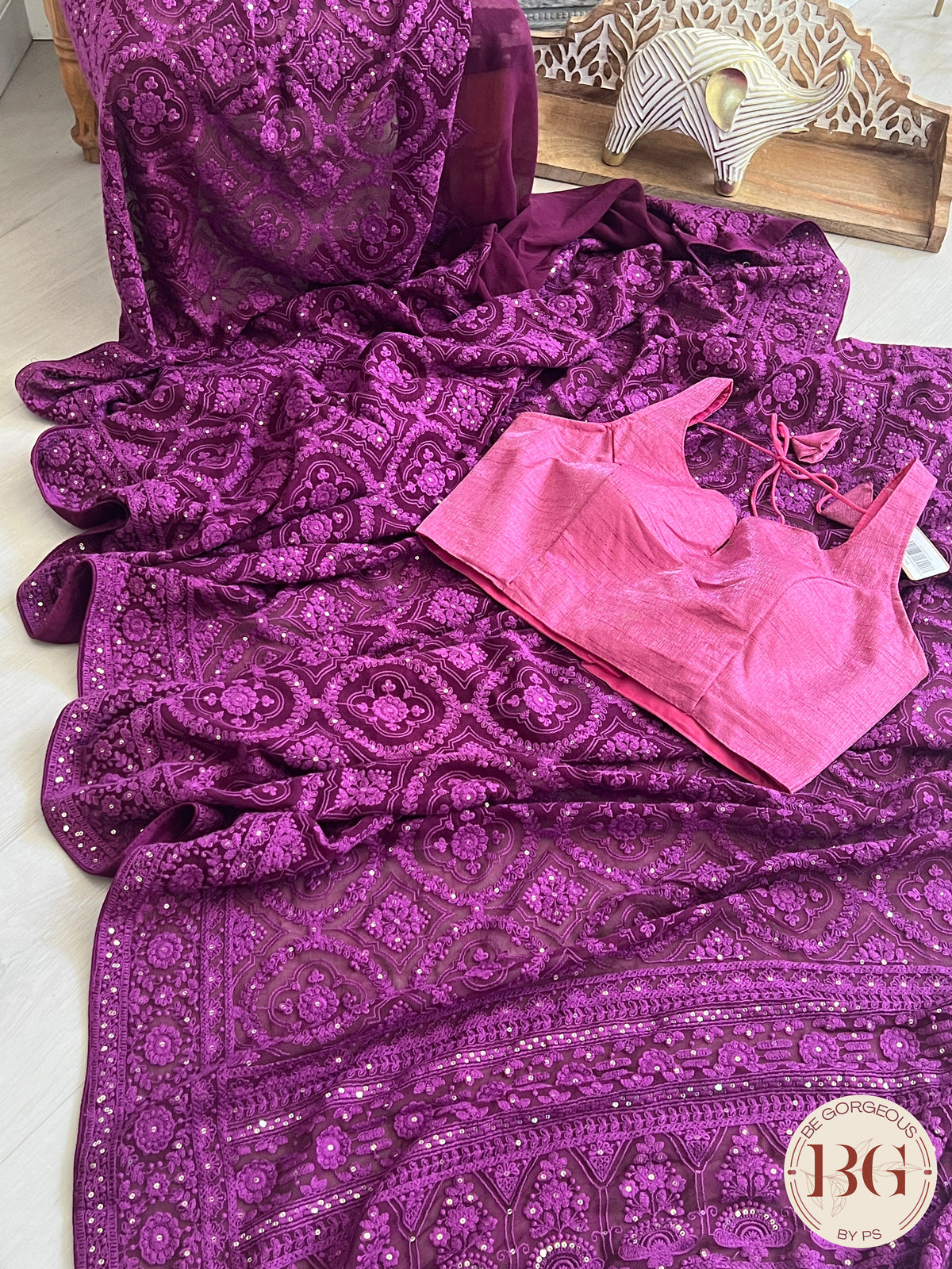 Chikankari on gerogette with sequin - Megenta Purple