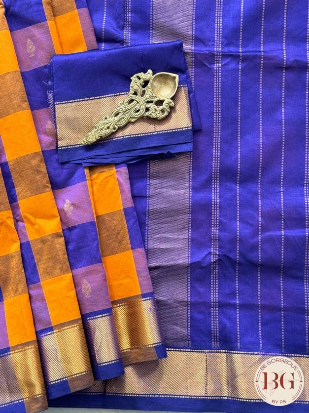 Kanjeevaram silk cotton handloom saree in checker pattern - Navy Blue